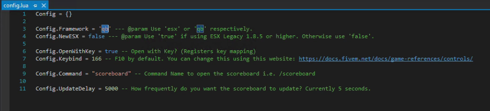 A screenshot of the config.lua file